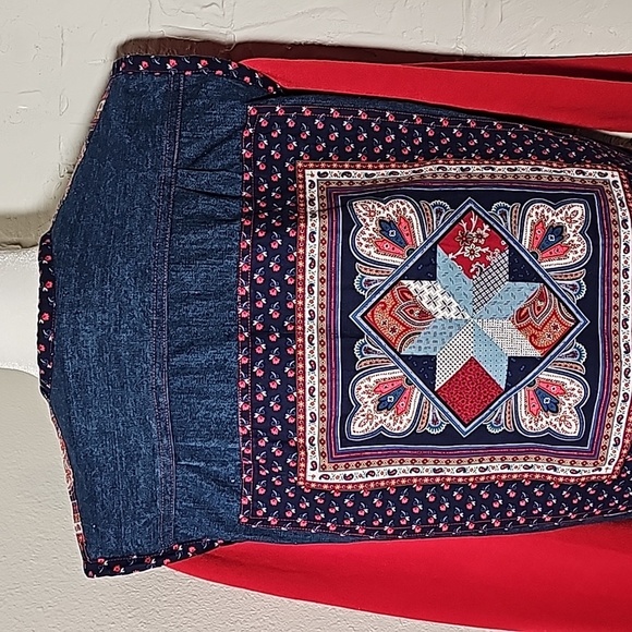 Vintage Patchwork Quilt Denim Jacket Coat Red Long Sleeve XL Pocket Boho Western - Picture 8 of 15